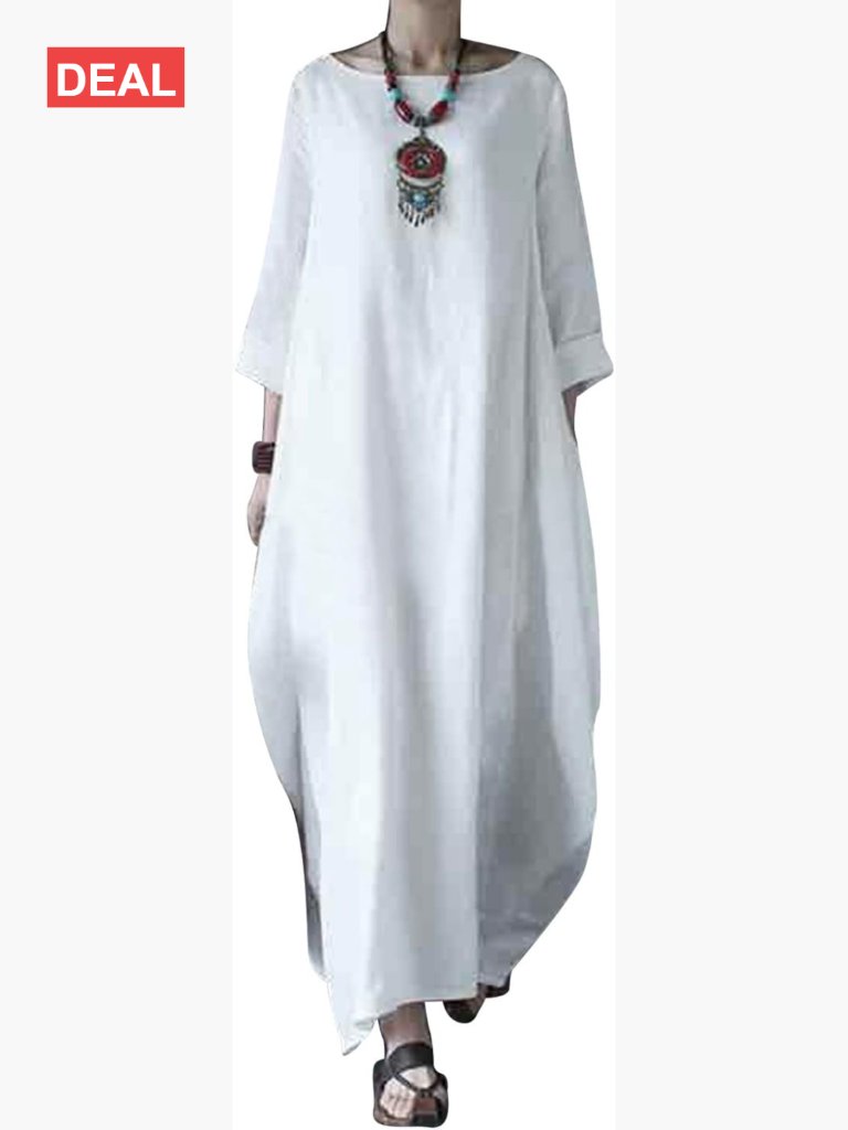 Cotton Linen Kaftan Dress With Pocket Oversized Loose Maxi Dress